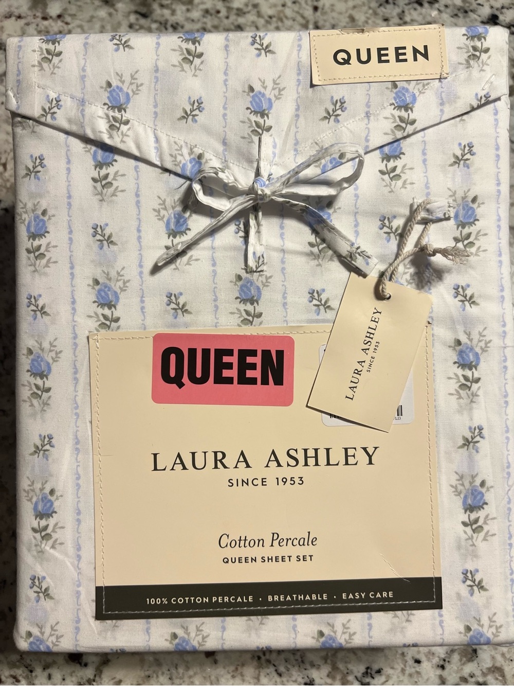 Laura Ashley Sweet Buds Blue Floral Cotton Percale Queen Sheet Set